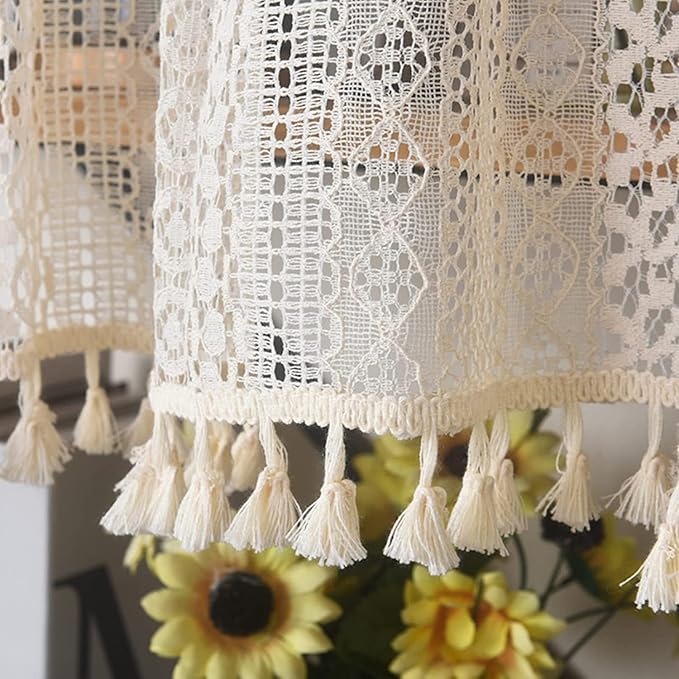 Sutuo Home Boho Sheer Curtain Valance Tier Crochet Lace with Bohemian Hollow Knitted Handmade Tassels, Short Farmhouse Window Treatment for Kitchen Cafe, Rod Pocket, 1 Panel 59" W x 36" L, Beige