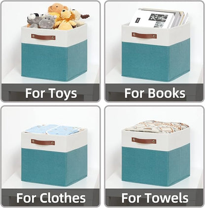 HNZIGE Storage Cubes Bins for Organization Set of 4, Fabric Storage Cube 12 x12, Collapsible Storage Bins Basket Cube with Handles, Canvas for Organizing Shelf Home Nursery(Teal White)