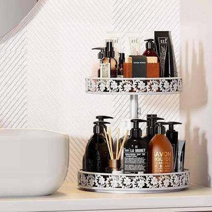 2 Tier Lazy Susan Organizer Turntable Adjustable,12 Inch Two Tier Lazy Susan Metal Easy Assembly Cleaning, Rotating Spice Rack Organizer for Cabinet Dining Table Kitchen Countertop White