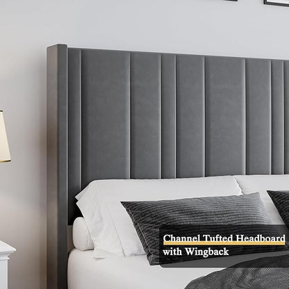 HOMBCK Full Bed Frame with Headboard, Upholstered Platform Bed Full Size with Velvet Headboard & Footboard/Vertical Channel Tufted/Wooden Slats/Noise Free/No Box Spring Needed/Easy Assembly, Grey