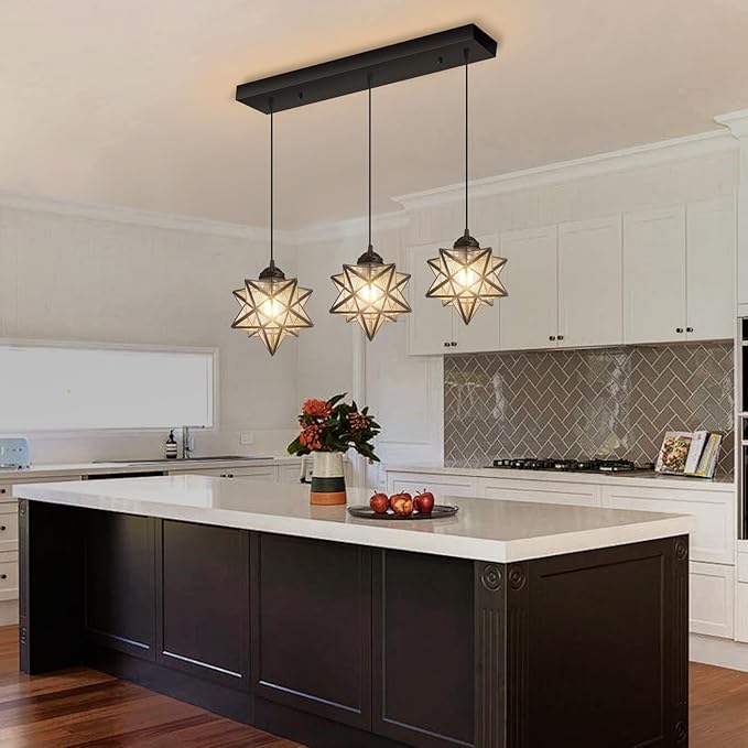 Farmhouse Modern Glam Chandelier Dining Room Clear Glass Star Pendants Light Fixture Kitchen Island LED Ceiling Hanging Lights Included Warm Light Bulbs Black