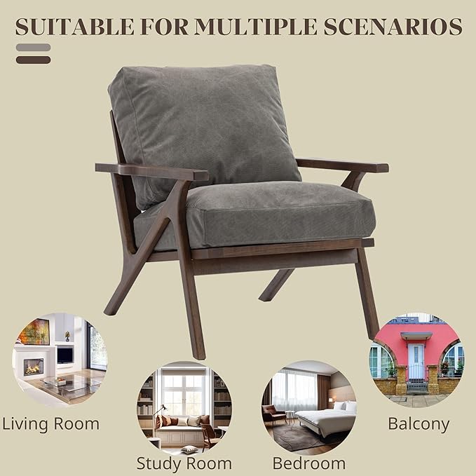 Wahson Set of 2 Mid Century Chair, Retro Upholstered Accent Armchairs, with Wood Frame and Removable Canvas Cushions, Large Leisure Slipper Chair for Living Room/Bedroom, Grey