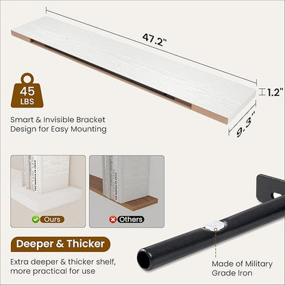 Fun Memories 48 Inch Deep Floating Shelves for Wall, 2 Pack of Long Wall Mounted Wood Shelves with Invisible Brackets for Bathroom, Bedroom, Living Room, Kitchen Decor and Storage, White