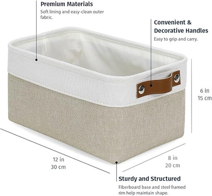 OrganiHaus Small Fabric Storage Baskets for Shelves 3 Pack, 12x8in Closet Storage Bins for Shelves, Cloth Baskets for Organizing, Linen Closet Organizers, Fabric Basket, Beige/White