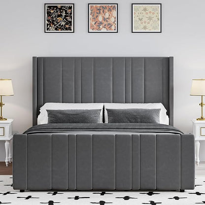 HOMBCK Full Bed Frame with Headboard, Upholstered Platform Bed Full Size with Velvet Headboard & Footboard/Vertical Channel Tufted/Wooden Slats/Noise Free/No Box Spring Needed/Easy Assembly, Grey