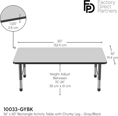 FDP Rectangle Activity School and Classroom Kids Table (36 x 60 inch), Toddler Leg, Adjustable Height 15-24 inches - Gray Top and Black Edge