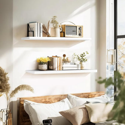 Floating Wall Shelves 2-Pack - 36-Inch Rustic White Wooden Shelves for Storage and Décor, Easy Installation for Living Room, Bedroom, and Kitchen