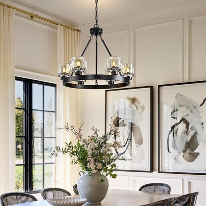 Black Wagon Wheel Chandelier, 24 Inch Black Chandeliers with Unique Glass Shade, 6-Light Crystal Farmhouse Wagon Wheel Chandeliers for Dining Room, Round Chandelier for Living Room, Foyer, Entryway