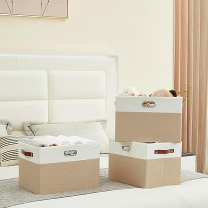 Large Collapsible Fabric Storage Bins with 3 Handles, Foldable Organizer Baskets for Closet, Shelves, Living Room | 3 Pack, Durable PU & Metal Handles (17"x11.8"x11.8", Beige & White)