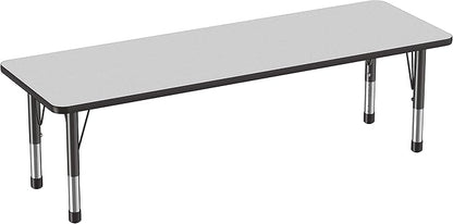 FDP Rectangle Activity School and Classroom Kids Table (24 x 72 inch), Chunky Toddler Legs, Adjustable Table Height 15-24 inches - Gray Top and Black Edge
