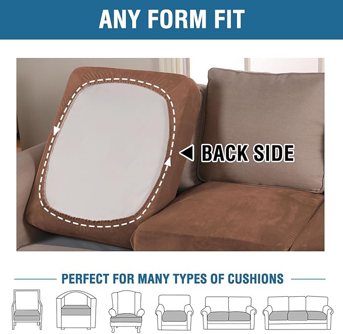 H.VERSAILTEX Velvet Stretch Couch Cushion Cover Plush Cushion Slipcover for Loveseat Cushion Furniture Protector Seat Cushion Sofa Cover (2 Piece Medium Sofa Cushion Covers, Caramel)