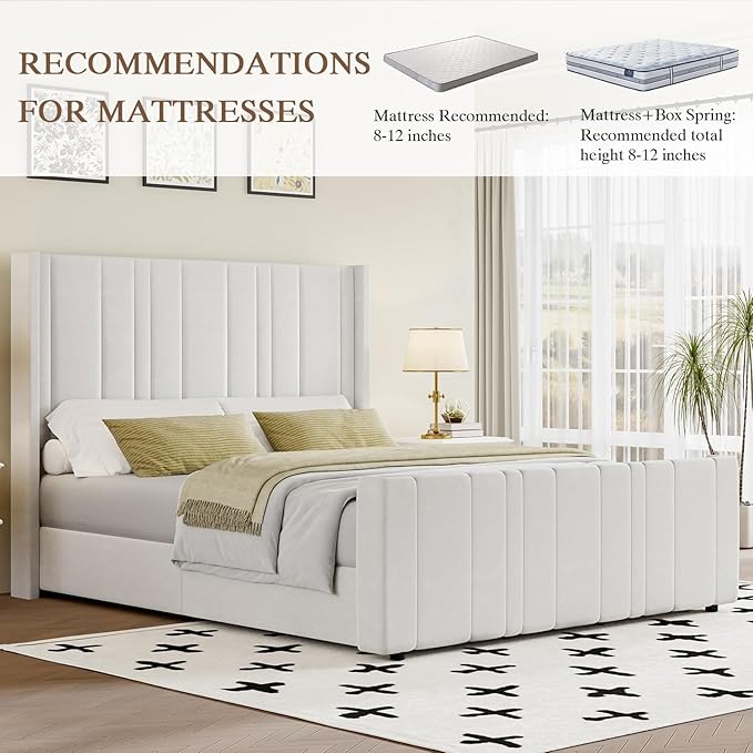 HOMBCK Queen Bed Frame Upholstered Platform Bed with Vertical Channel Tufted Headboard & Footboard, Wingback Design/Noise Free/No Box Spring Needed/Easy Assembly, Cream