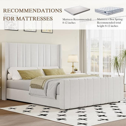 HOMBCK Queen Bed Frame Upholstered Platform Bed with Vertical Channel Tufted Headboard & Footboard, Wingback Design/Noise Free/No Box Spring Needed/Easy Assembly, Cream