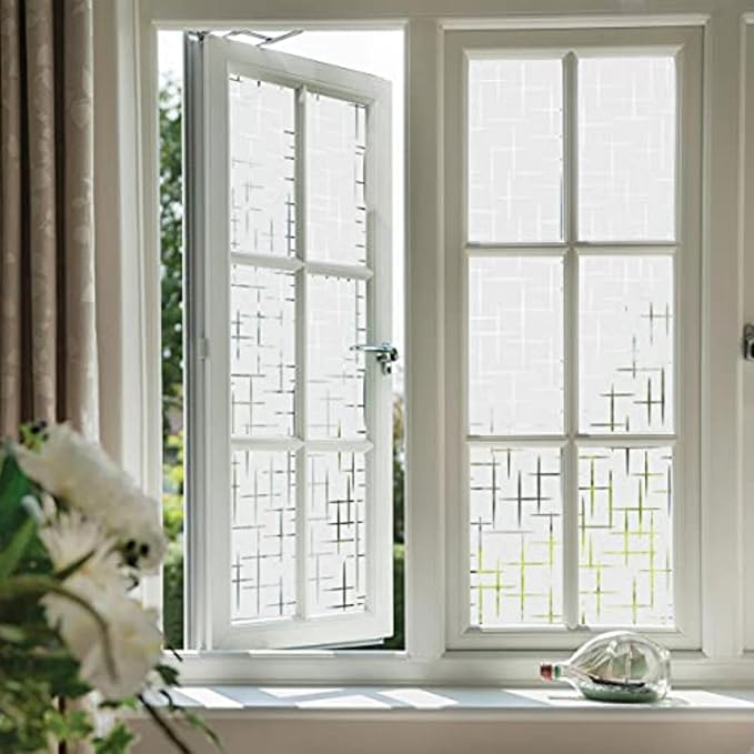 Finnez Frosted Window Film Non-Adhesive, Frosting Privacy Film for Glass Windows, Self Static-Cling Decorative Window Cling for Home Office UV Protection Cross Pattern 17.5 x 118.1 inches