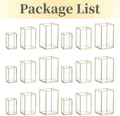 Glass Hurricane Candle Holder Large - Hewory 18pcs Gold Rectangle Flower Holders Centerpiece for Table, Tall Floor Square Pillar Candle Lantern for Wedding, Anniversary, Party, Fireplace, Dining Room