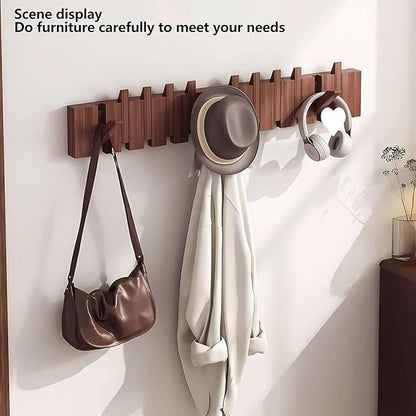 Wall Mounted Piano Key Hanger | Flip Style Hook | Entrance Wall Art Hook, Made of Oak Wood (3 Times Painted, 4 Times Polished) (Walnut, 8Hooks)