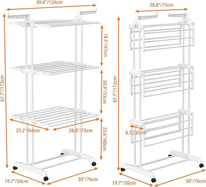 HOMIDEC Clothes Drying Rack, Large 4-Tier Foldable Drying Rack Clothing(67.7H x 19.7W x 30L Inches), Movable Drying Rack with 4 castors. Multifunctional Stainless Steel Laundry Drying Rack, White