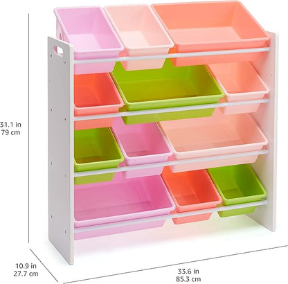 Amazon Basics Kids Toy Storage Organizer With 12 Plastic Bins, White Wood With Pink Bins, 10.9" D x 33.6" W x 31.1" H