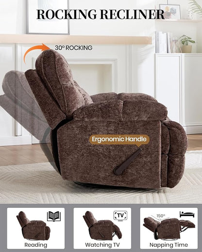 Oversized Recliner Chair Manual Swivel Rocker Recliner for Living Room Chenille Overstuffed Nursery Reclining Sofa Chair Rocking Recliners for Adults 400lbs (Manual, Brown)