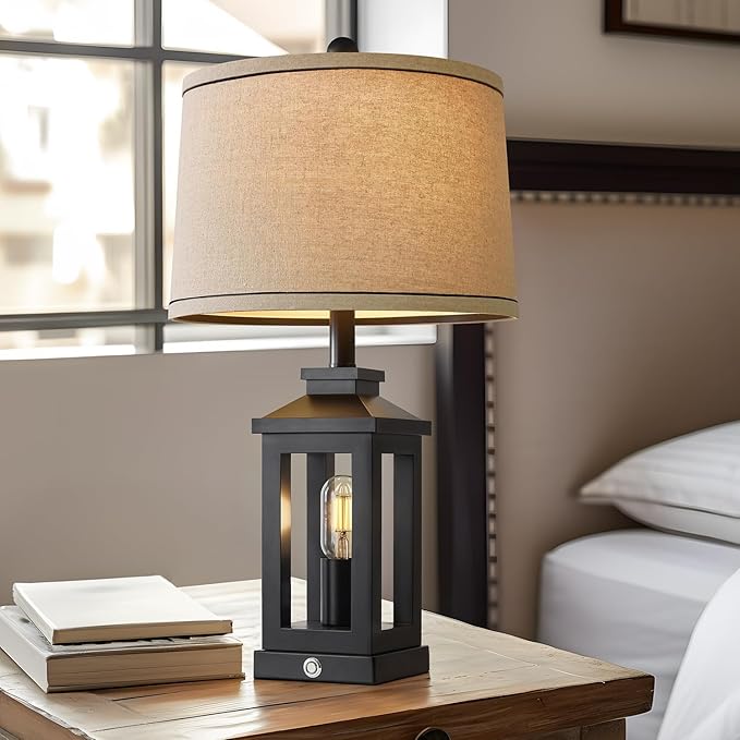 23.75" Retro Farmhouse Black Table Lamp for Living Room Bedroom Nightstand Set of 2 Touch Control Bedside Nightlight Vintage Modern Lamp with USB C+A Ports and 2 Light Sources