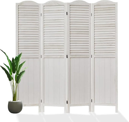 Room Partitions and Dividers, 68.9 Inch Temporary Wall with Double Hinges, Wooden Louver & MDF Stable Screens for Home Office Bedroom Coffeehouse Decoration (4 Panels, White-Washed)