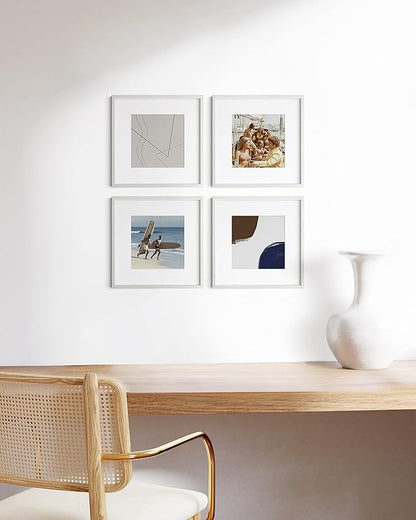 HAUS AND HUES Solid Oak Wood 12”x12” Picture Frames Matted to 8”x8” Set of 4-12x12 White Square Frames, White Wood Picture Frames, White Picture Frames for Wall, 12 x 12 Frames, Square Picture Frames