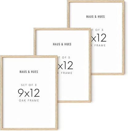 HAUS AND HUES Set of 3 9x12 Picture Frames - Wooden Natural Wood Frames, 12x9 Frame Set (Beige Oak)