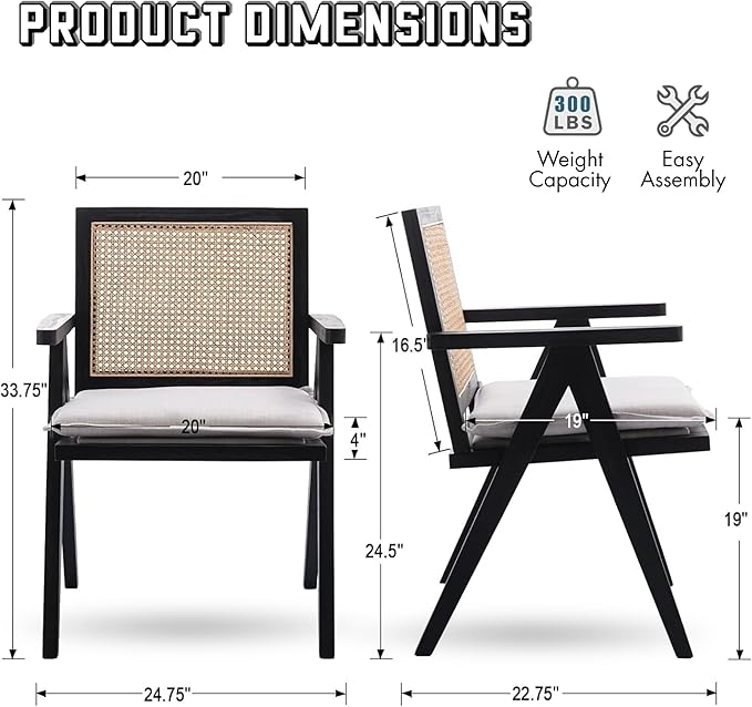 Rattan Dining Chairs Set of 6, Farmhouse Wicker Dining Chairs with Removable Linen Cushion Accent Cane Armchair for Dining Room Kitchen Restaurant, Black