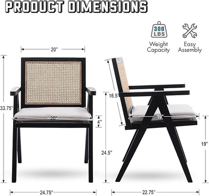 Rattan Dining Chairs Set of 4, Farmhouse Wicker Dining Chairs with Removable Linen Cushion Accent Cane Armchair for Dining Room Kitchen Restaurant, Black