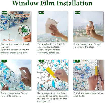 Window Privacy Film Stained Glass Decorative Static Clings Frosted Window Tint for Home Room Decor Bathroom Door Car Stickers with Glittering Effect, Removable(Blue & Green pothos Botanical)