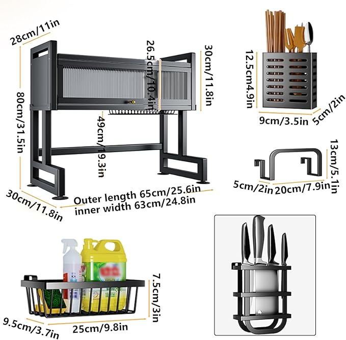 Home Furnishing Over The Sink Dish Drainer Drying Rack 3 Tier Over Sink Dish Rack for,oversink Dish Dry Rack,Space Saving Dish Drying Rack,Kitchen Sink Organizer countertop(Black,65cm/25.6in)