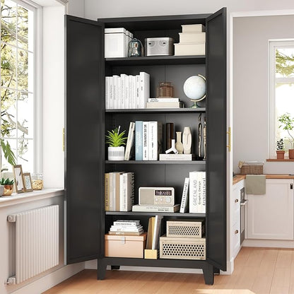 70.87" H Metal Kitchen Pantry Cabinet, Freestanding Cupboard with 2 Doors and 4 Adjustable Shelves, Tall Metal Storage Cabinet for Kitchen, Bathroom, Dinning Room or Laundry Room （Black）