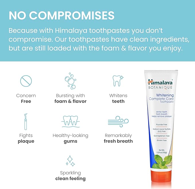 Himalaya Botanique Whitening Complete Care Toothpaste, Peppermint Flavor - Whitening Toothpaste Without Fluoride for Brighter Teeth & Fresh Breath - Vegan, Gluten Free, 5.29 oz