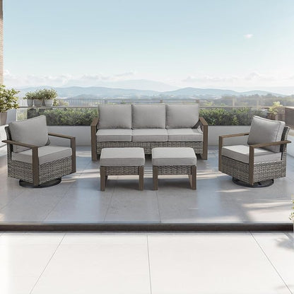 Outdoor Wicker Patio Furniture Set - 5 Piece Patio Conversation Set with 2 Wicker Swivel Rocker Chairs,2 Rattan Ottoman and 1 Couch,Thick Cushions,Deep Seating,Wide Armrest(Mixed Grey/Grey)