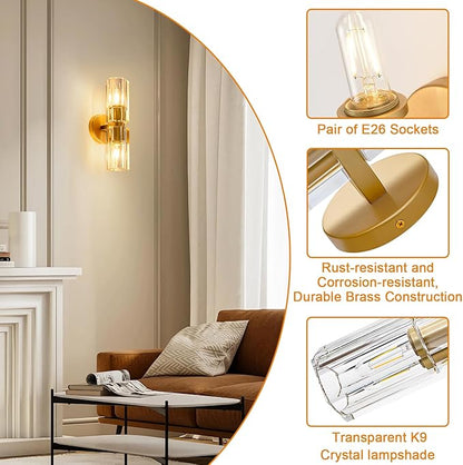 Gold Crystal Wall Sconces Set of Two, Wall Sconce Set of 2, Brass Sconces Wall Lighting with K9 Crystal Lampshade, Wall Lights for Bedroom Living Room Bathroom Hallway
