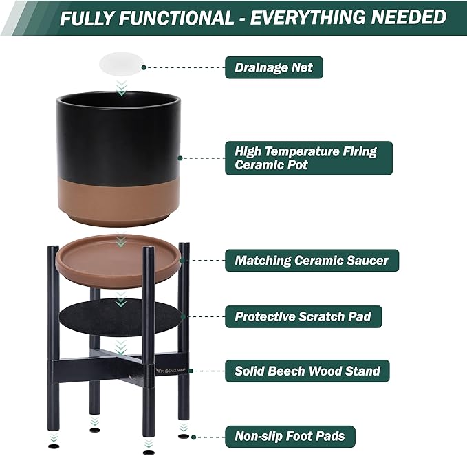D'vine Dev Ceramic Planter with Ebony Stand - 8 Inch Modern Round Flower Pot with Wood Planter Holder, Black/Speckled Tan, 55-B-M-7