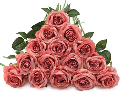 Pink Fake Roses Artificial Flowers - 10 Pcs Fake Artificial Roses Silk Flowers with Stems for Home Wedding Hotel Office Centerpiece Decor（Dusty Pink）