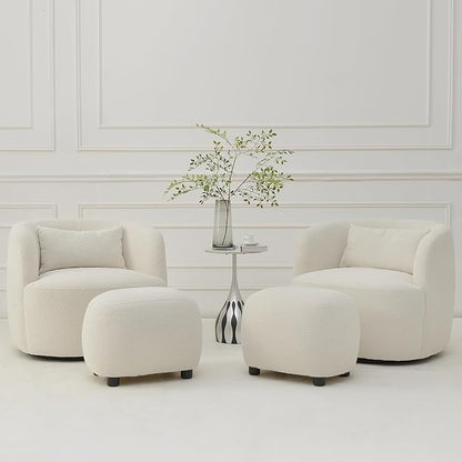 KINWELL 34" Wide 2 Boucle Swivel Barrel Chairs and 2 Ottomans Set, Fully Assembled Sherpa Accent Chairs and Footrest Set, Modern Comfy Armchairs and Footstool for Living Room and Bedroom, Beige