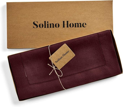 Solino Home Linen Burgundy Table Runner 144 Inches Long - 100% Pure Linen Extra Long Table Runner 14 x 144 Inch for Fall, Autumn, Thanksgiving - Classic Hemstitch