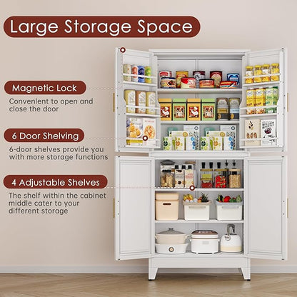75" H Metal Storage Cabinet, Pantry with 6 Door Shelves and 4 Adjustable Shelves, Leveling Foot for Kitchen, Living Room and Dinning Room, White