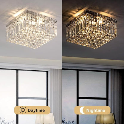 4-Lights Modern Flush Mount Ceiling Light Fixtures,Elegant Crystal Chandelier Pendant Ceiling Lamp for Bedroom,Living Room,Dining Room,Hallway H5.9 x W13.7 x L13.7 (Bulbs Not Included) Square