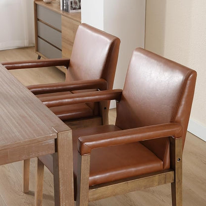 Mid Century Modern Dining Chairs Set of 4 Faux Leather Upholstered Living Room Side Chair, Kitchen Arm Chair with Solid Wood Legs for Home Kitchen & Restaurant, PU Brown