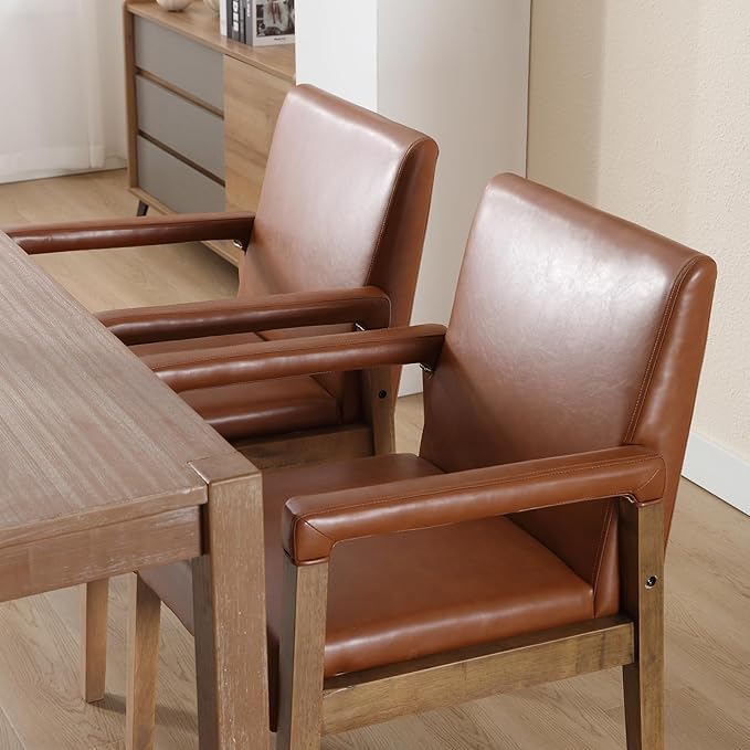 Mid Century Modern Dining Chairs Set of 2 Faux Leather Upholstered Living Room Side Chair, Kitchen Arm Chair with Solid Wood Legs for Home Kitchen & Restaurant, PU Brown
