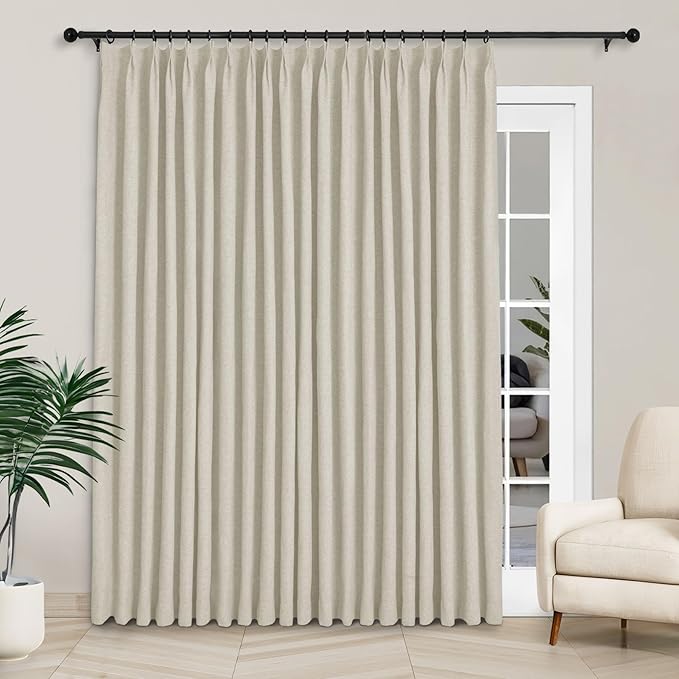 Macochico 120”Wx102”L 100% Blackout Linen Curtains Pinch Pleated Thermal Panels for Sliding Door Bedroom Living Room Farmhouse Shabby Chic Ivory White Burlap Curtains with Tieback 1 Panel
