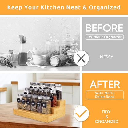 Bamboo Spice Rack Organizer for Cabinet 3 Tier Countertop Step Spice Shelf for Kitchen Storage and Organizer (2 Pack, Cabinet)