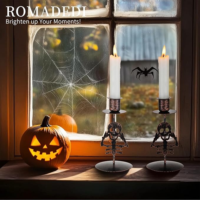 Romadedi Candle Holder for Halloween Decor: Set of 2 Black Gothic Skull Taper Candlestick Table Centerpiece Decorations Spooky Party Dinning Room Home Indoor