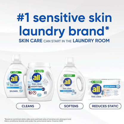 All Mighty Pacs Laundry Detergent, Free Clear for Sensitive Skin, Tub, 60 Count