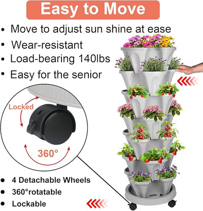 Vertical Planter 7 Tier Stackable Planters Garden Planters Strawberry Herb Flower and Vegetable Planter Indoor Outdoor Gardening Pots with Removable Wheels and Tools