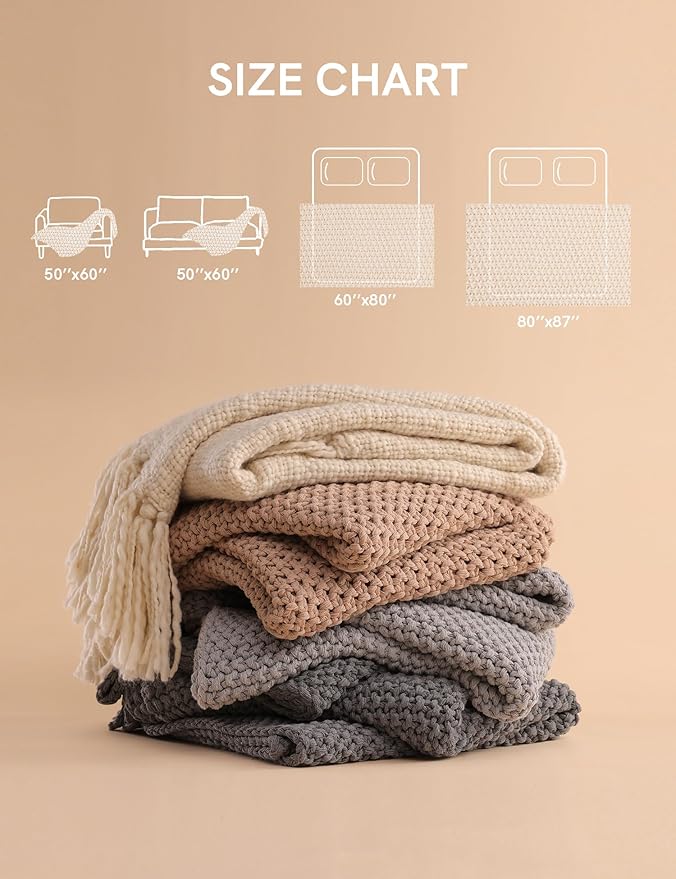 YnM Chunky Cotton Knit Throw Blanket, Cable Knit Throws for Bed Couch Sofa, Comfy & Relaxing, Decorative Piece for Farmhouse Modern Boho Rustic Scandinavian Chic Vibe, Quarry Grey 50x60 Inches