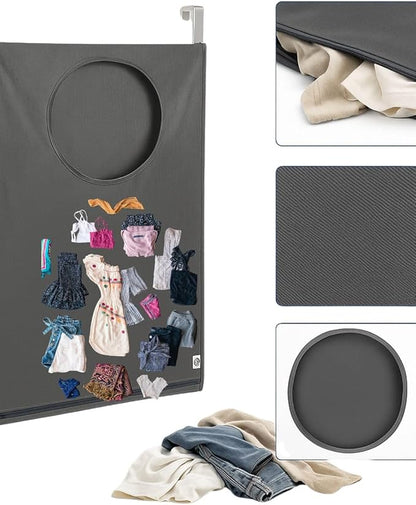 Hanging Laundry Hamper Bag – Space-Saving Dirty Clothes Storage with Free Adjustable Stainless Steel Over-the-Door Hooks & 2 Suction Cup Hooks – Ideal for bathrooms, bedrooms & dorms